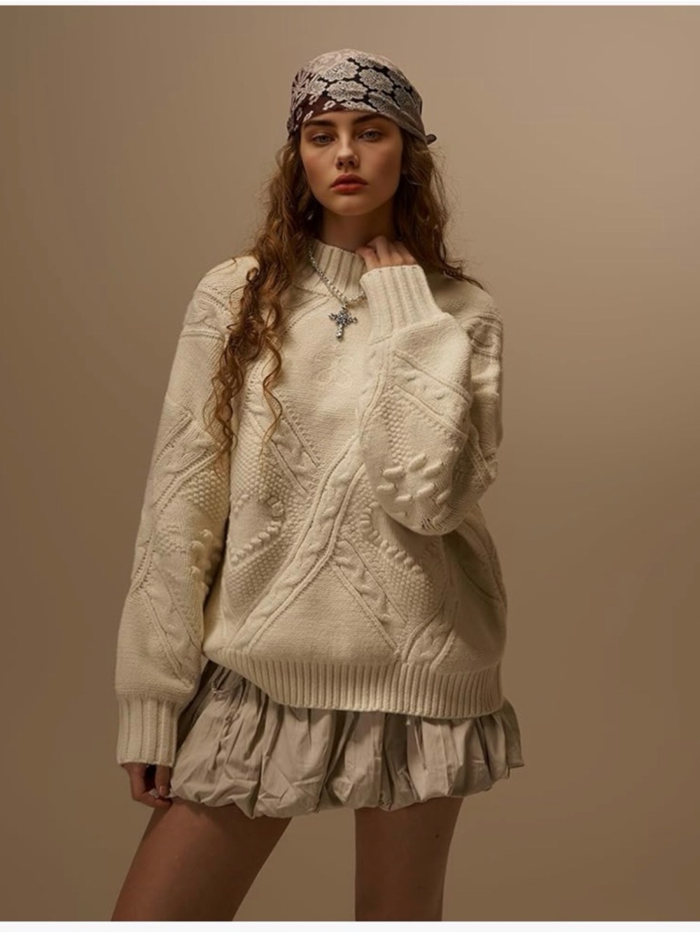 Aelfric Eden Oversized Cream Cable Knit Chunky Sweater Mock Neck